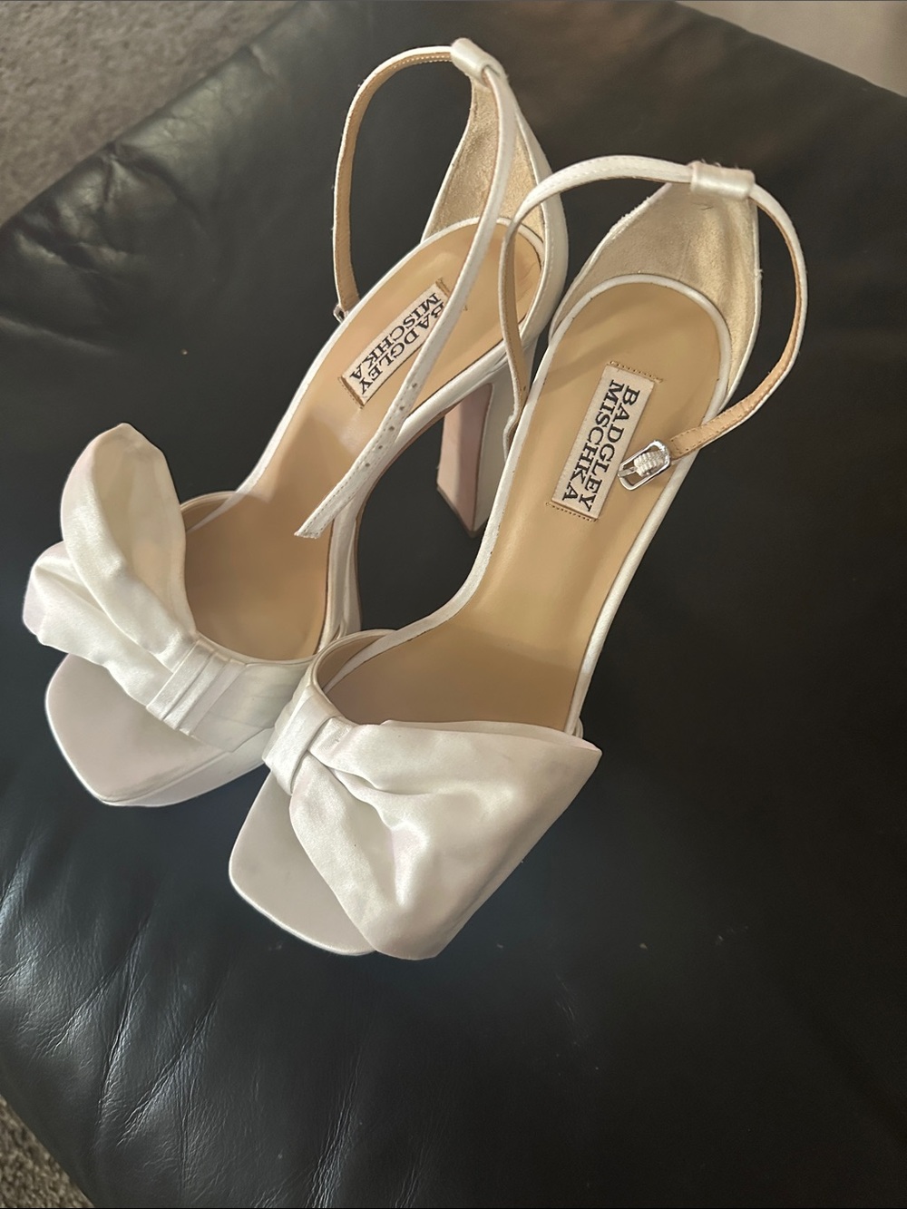 Badgley Mischka Ivory Satin Bow Ankle-Strap Platform Heels